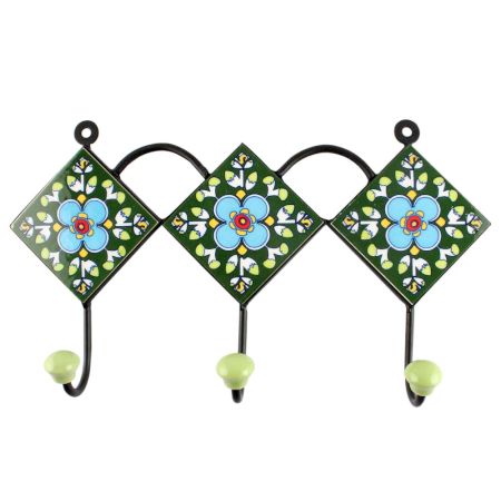 Forest Green Floral Ceramic Tile Hook